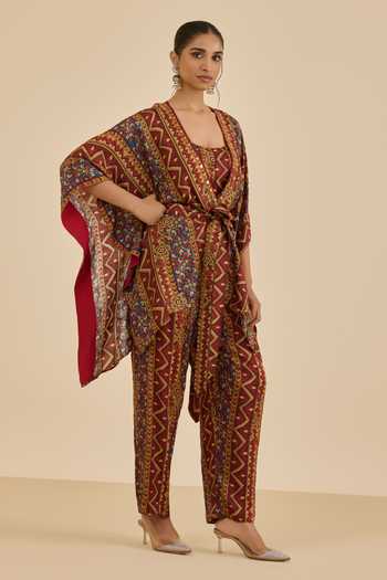 Shop_Ritu Kumar_Burgundy Rayon, Crepe Sequins Open Neck, Printed And Embroidered Cape Pant Set