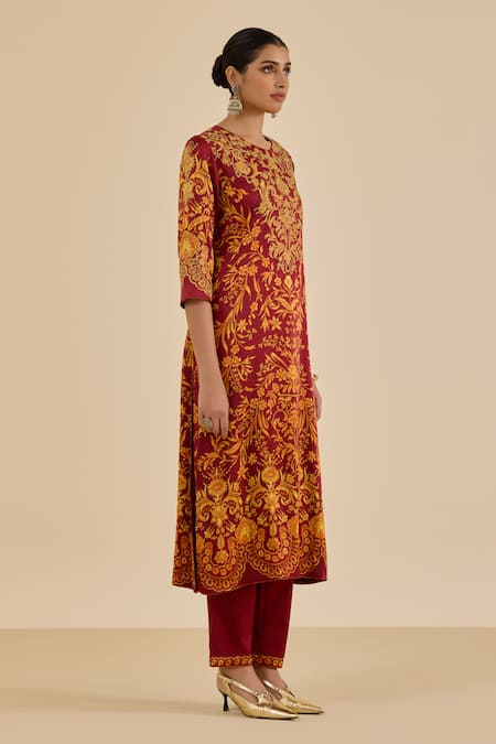 Ritu Kumar Burgundy Silk, Viscose, Lycra Embroidery, Floral Print Straight Kurta Pant Set Online at Aza Fashions Ritu Kumar_Burgundy Silk, Viscose, Lycra Embroidery, Floral Print Straight Kurta Pant Set _Online_at_Aza_Fashions