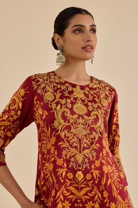 Buy Ritu Kumar Burgundy Silk, Viscose, Lycra Embroidery, Floral Print Straight Kurta Pant Set Online at Aza Fashions Buy_Ritu Kumar_Burgundy Silk, Viscose, Lycra Embroidery, Floral Print Straight Kurta Pant Set _Online_at_Aza_Fashions