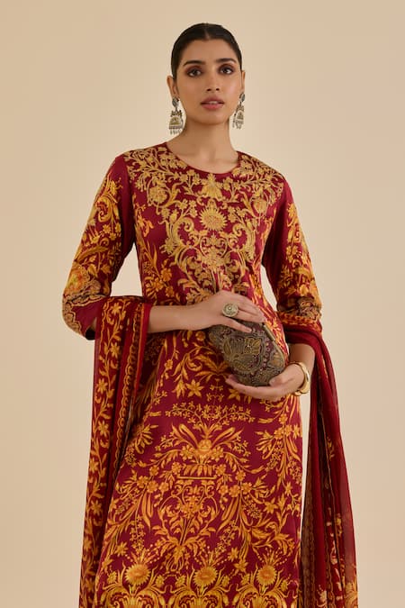 Shop Ritu Kumar Burgundy Silk, Viscose, Lycra Embroidery, Floral Print Straight Kurta Pant Set Online at Aza Fashions Shop_Ritu Kumar_Burgundy Silk, Viscose, Lycra Embroidery, Floral Print Straight Kurta Pant Set _Online_at_Aza_Fashions