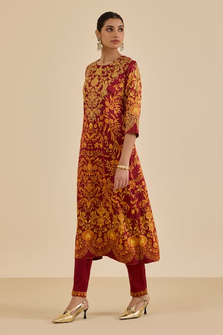 Ritu Kumar Burgundy Silk, Viscose, Lycra Embroidery, Floral Print Straight Kurta Pant Set at Aza Fashions Ritu Kumar_Burgundy Silk, Viscose, Lycra Embroidery, Floral Print Straight Kurta Pant Set _at_Aza_Fashions