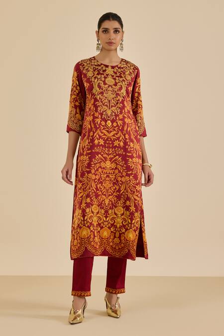 Buy Ritu Kumar Burgundy Silk, Viscose, Lycra Embroidery, Floral Print Straight Kurta Pant Set Buy_Ritu Kumar_Burgundy Silk, Viscose, Lycra Embroidery, Floral Print Straight Kurta Pant Set