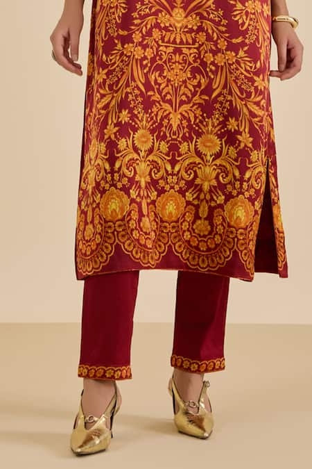 Shop Ritu Kumar Burgundy Silk, Viscose, Lycra Embroidery, Floral Print Straight Kurta Pant Set Shop_Ritu Kumar_Burgundy Silk, Viscose, Lycra Embroidery, Floral Print Straight Kurta Pant Set