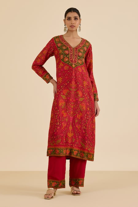 Ritu Kumar Red Silk, Viscose Sequins, Embroidery Floral Print Straight Kurta Pant Set Online at Aza Fashions Ritu Kumar_Red Silk, Viscose Sequins, Embroidery Floral Print Straight Kurta Pant Set _Online_at_Aza_Fashions