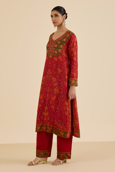 Buy Ritu Kumar Red Silk, Viscose Sequins, Embroidery Floral Print Straight Kurta Pant Set Online at Aza Fashions Buy_Ritu Kumar_Red Silk, Viscose Sequins, Embroidery Floral Print Straight Kurta Pant Set _Online_at_Aza_Fashions