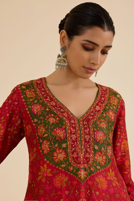 Shop Ritu Kumar Red Silk, Viscose Sequins, Embroidery Floral Print Straight Kurta Pant Set Online at Aza Fashions Shop_Ritu Kumar_Red Silk, Viscose Sequins, Embroidery Floral Print Straight Kurta Pant Set _Online_at_Aza_Fashions