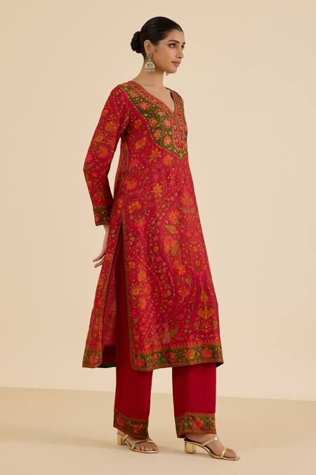 Ritu Kumar Red Silk, Viscose Sequins, Embroidery Floral Print Straight Kurta Pant Set at Aza Fashions Ritu Kumar_Red Silk, Viscose Sequins, Embroidery Floral Print Straight Kurta Pant Set _at_Aza_Fashions