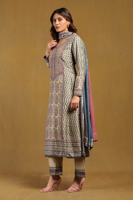Ritu Kumar_Beige Silk, Cotton, Viscose Embroidery Leaf Neck Paisley Print And Kurta Pant Set _Online_at_Aza_Fashions