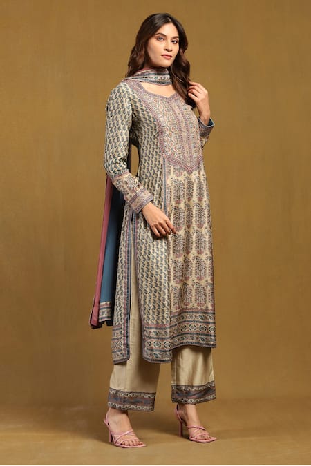 Buy_Ritu Kumar_Beige Silk, Cotton, Viscose Embroidery Leaf Neck Paisley Print And Kurta Pant Set _Online_at_Aza_Fashions