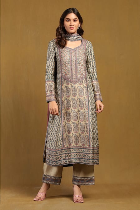 Ritu Kumar Paisley Print & Embroidered Kurta Pant Set