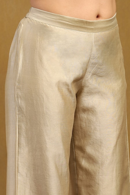 Ritu Kumar_Beige Silk, Cotton, Viscose Embroidery Leaf Neck Paisley Print And Kurta Pant Set _at_Aza_Fashions