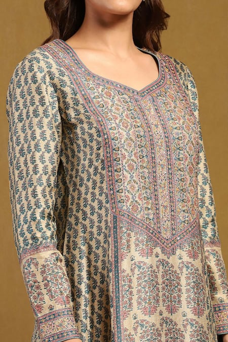 Buy_Ritu Kumar_Beige Silk, Cotton, Viscose Embroidery Leaf Neck Paisley Print And Kurta Pant Set 