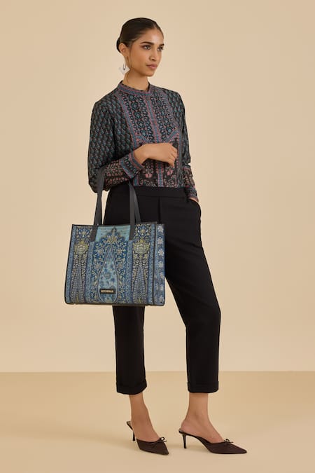 Ritu Kumar_Black Silk Mandarin Collar Paisley Print Shirt _Online_at_Aza_Fashions