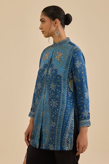Buy_Ritu Kumar_Blue Satin, Silk Embroidery Mandarin Collar Floral Print And Shirt Kurti _Online_at_Aza_Fashions