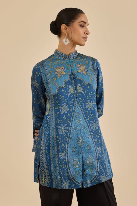 Shop_Ritu Kumar_Blue Satin, Silk Embroidery Mandarin Collar Floral Print And Shirt Kurti _Online_at_Aza_Fashions