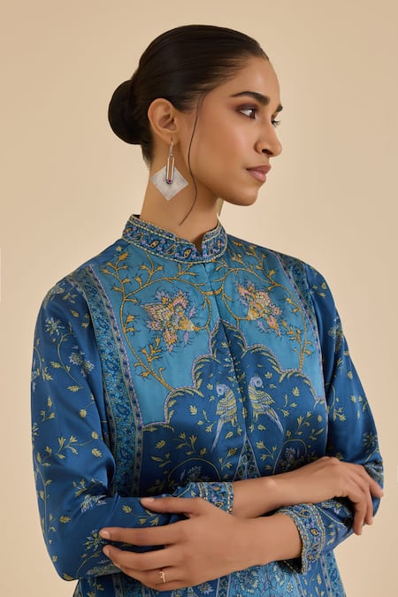 Ritu Kumar_Blue Satin, Silk Embroidery Mandarin Collar Floral Print And Shirt Kurti _at_Aza_Fashions
