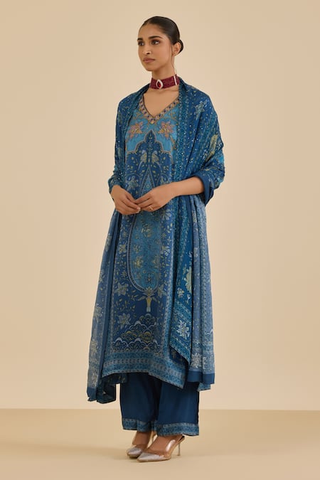 Ritu Kumar Blue Silk Satin, Rayon, Crepe, Viscose, Chinon Floral Print And Kurta Set Online at Aza Fashions Ritu Kumar_Blue Silk Satin, Rayon, Crepe, Viscose, Chinon Floral Print And Kurta Set _Online_at_Aza_Fashions