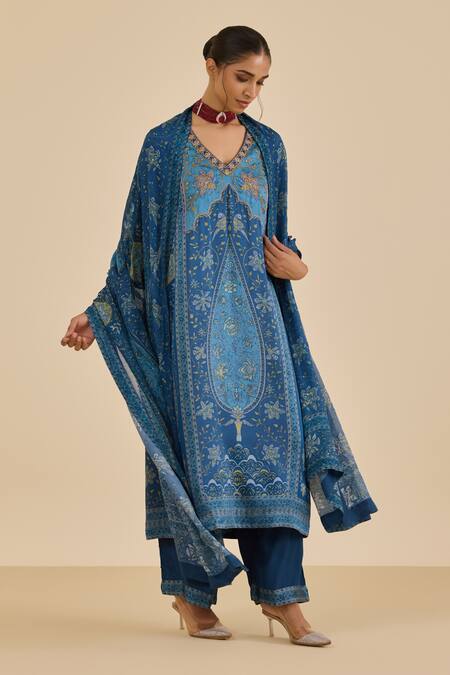 Ritu Kumar Blue Silk Satin, Rayon, Crepe, Viscose, Chinon Floral Print And Kurta Set at Aza Fashions Ritu Kumar_Blue Silk Satin, Rayon, Crepe, Viscose, Chinon Floral Print And Kurta Set _at_Aza_Fashions