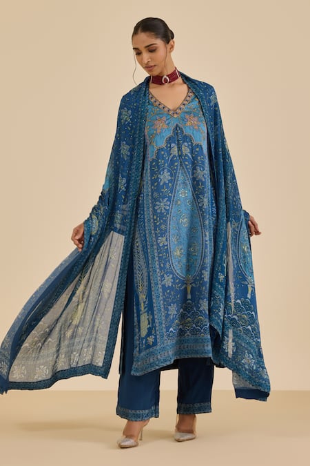 Buy Ritu Kumar Blue Silk Satin, Rayon, Crepe, Viscose, Chinon Floral Print And Kurta Set Buy_Ritu Kumar_Blue Silk Satin, Rayon, Crepe, Viscose, Chinon Floral Print And Kurta Set