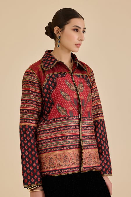Ritu Kumar_Black Silk Collared Geometric Print Jacket _Online_at_Aza_Fashions