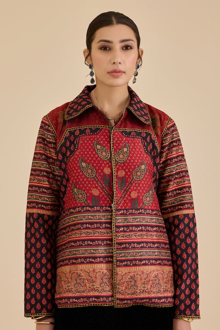 Buy_Ritu Kumar_Black Silk Collared Geometric Print Jacket _Online_at_Aza_Fashions