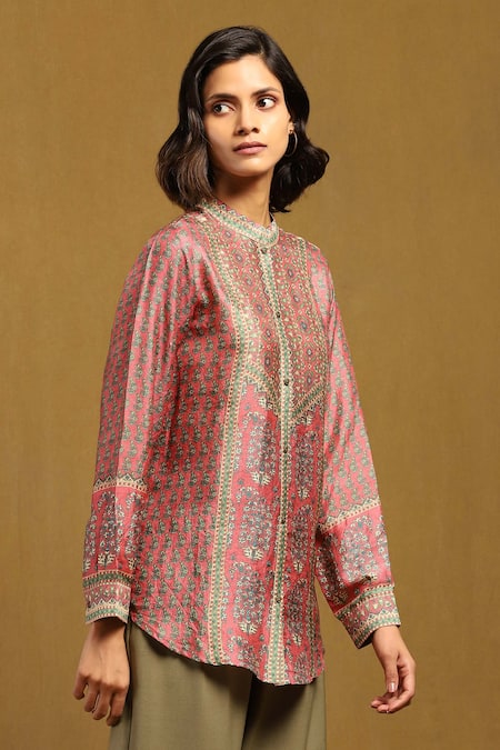 Ritu Kumar Pink Silk Embroidery Collared, Mandarin Floral Print Shirt Online at Aza Fashions Ritu Kumar_Pink Silk Embroidery Collared, Mandarin Floral Print Shirt _Online_at_Aza_Fashions