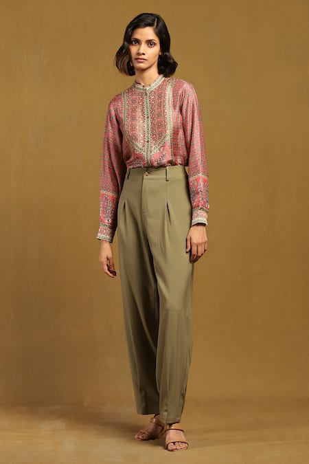 Buy Ritu Kumar Pink Silk Embroidery Collared, Mandarin Floral Print Shirt Online at Aza Fashions Buy_Ritu Kumar_Pink Silk Embroidery Collared, Mandarin Floral Print Shirt _Online_at_Aza_Fashions