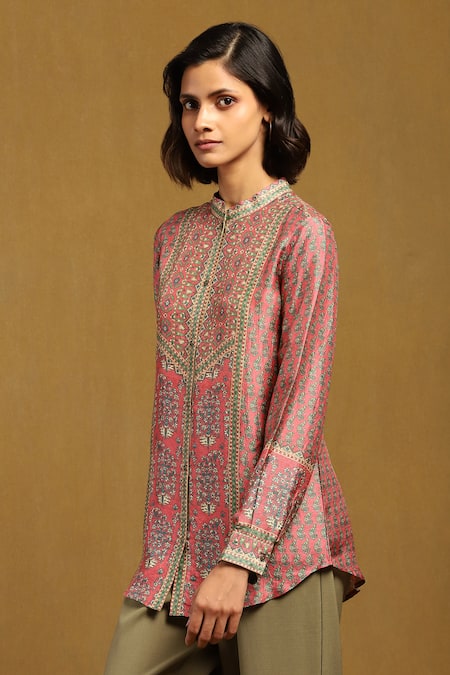 Shop Ritu Kumar Pink Silk Embroidery Collared, Mandarin Floral Print Shirt Online at Aza Fashions Shop_Ritu Kumar_Pink Silk Embroidery Collared, Mandarin Floral Print Shirt _Online_at_Aza_Fashions