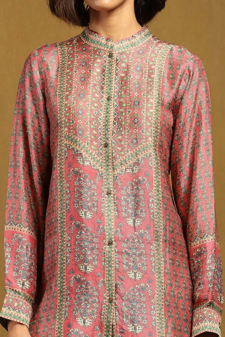 Ritu Kumar Pink Silk Embroidery Collared, Mandarin Floral Print Shirt at Aza Fashions Ritu Kumar_Pink Silk Embroidery Collared, Mandarin Floral Print Shirt _at_Aza_Fashions