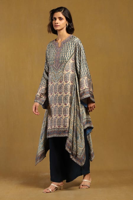 Ritu Kumar_Beige Silk Embroidery V-neck Hand Handkerchief Hem Tunic _Online_at_Aza_Fashions