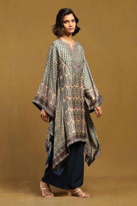 Buy_Ritu Kumar_Beige Silk Embroidery V-neck Hand Handkerchief Hem Tunic _Online_at_Aza_Fashions