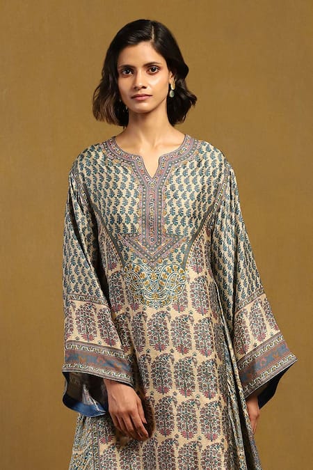 Shop_Ritu Kumar_Beige Silk Embroidery V-neck Hand Handkerchief Hem Tunic _Online_at_Aza_Fashions