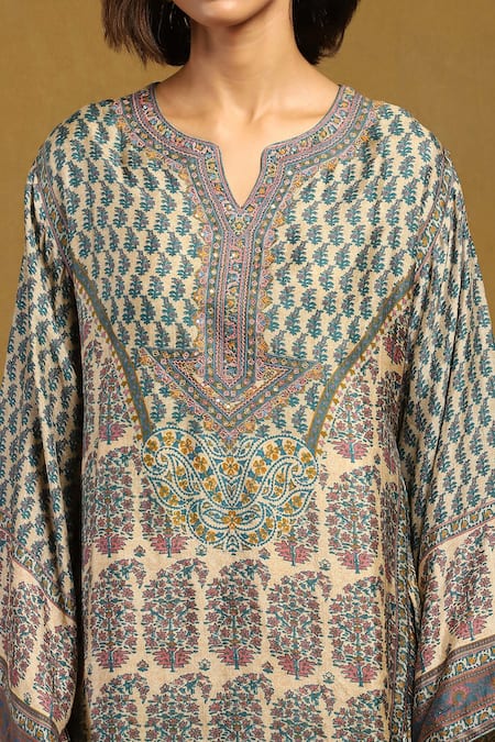 Ritu Kumar_Beige Silk Embroidery V-neck Hand Handkerchief Hem Tunic _at_Aza_Fashions
