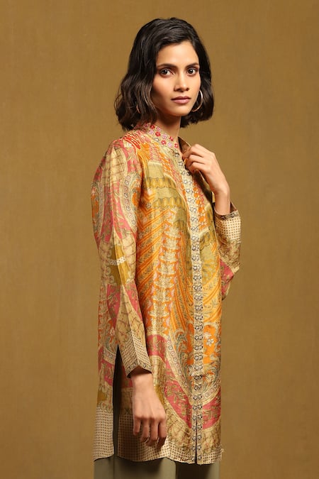 Ritu Kumar_Orange Silk Embroidery Mandarin Collar, Printed Front Open Short Kurti _Online_at_Aza_Fashions
