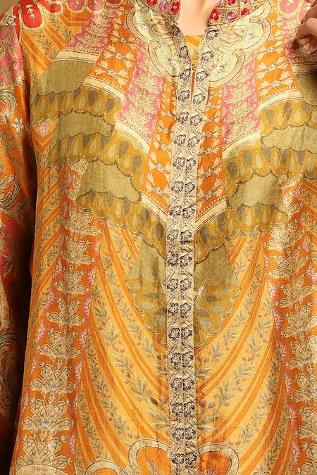 Shop_Ritu Kumar_Orange Silk Embroidery Mandarin Collar, Printed Front Open Short Kurti _Online_at_Aza_Fashions