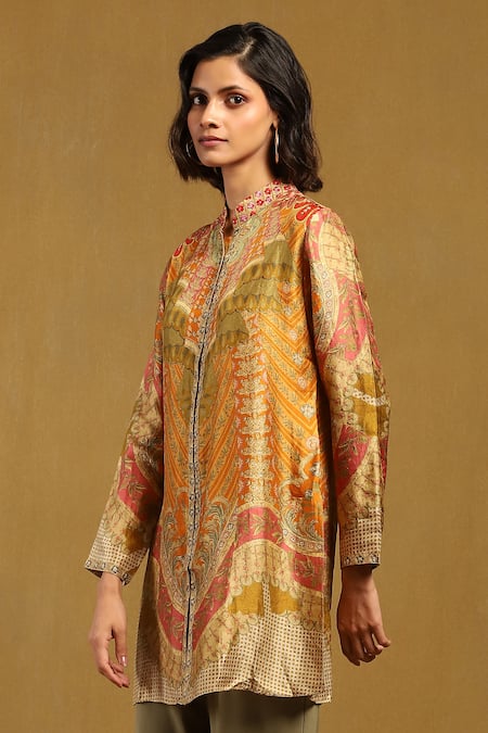 Ritu Kumar_Orange Silk Embroidery Mandarin Collar, Printed Front Open Short Kurti _at_Aza_Fashions
