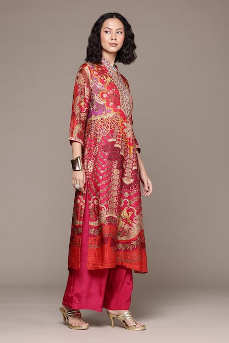 Ritu Kumar_Fuchsia Silk Embroidery, Sequins V-neck Floral Kurta Palazzo Set _Online_at_Aza_Fashions