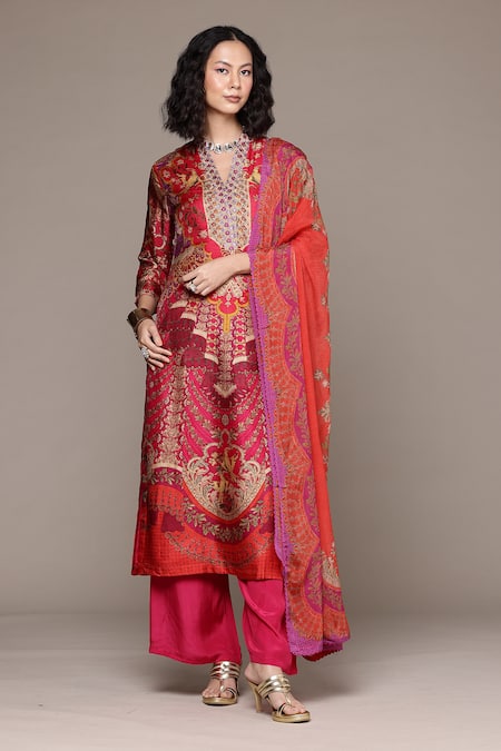 Shop_Ritu Kumar_Fuchsia Silk Embroidery, Sequins V-neck Floral Kurta Palazzo Set _Online_at_Aza_Fashions