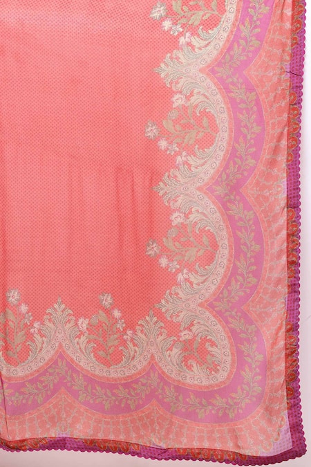 Ritu Kumar_Fuchsia Silk Embroidery, Sequins V-neck Floral Kurta Palazzo Set _at_Aza_Fashions