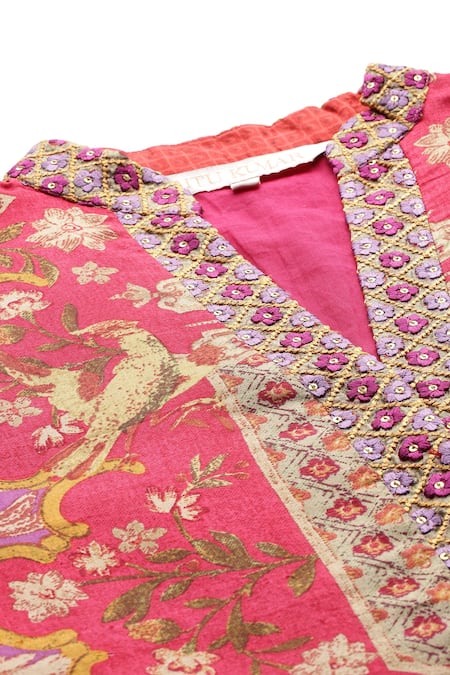 Buy_Ritu Kumar_Fuchsia Silk Embroidery, Sequins V-neck Floral Kurta Palazzo Set 