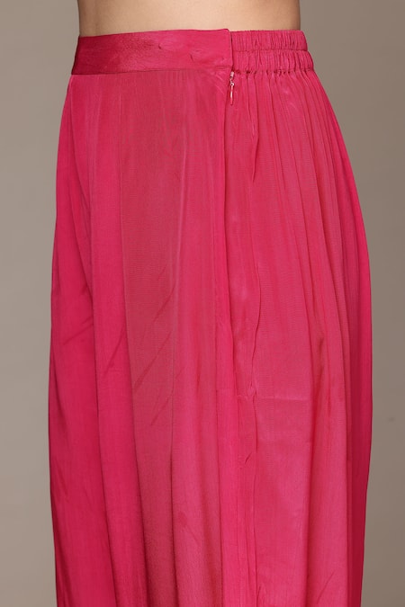 Shop_Ritu Kumar_Fuchsia Silk Embroidery, Sequins V-neck Floral Kurta Palazzo Set 