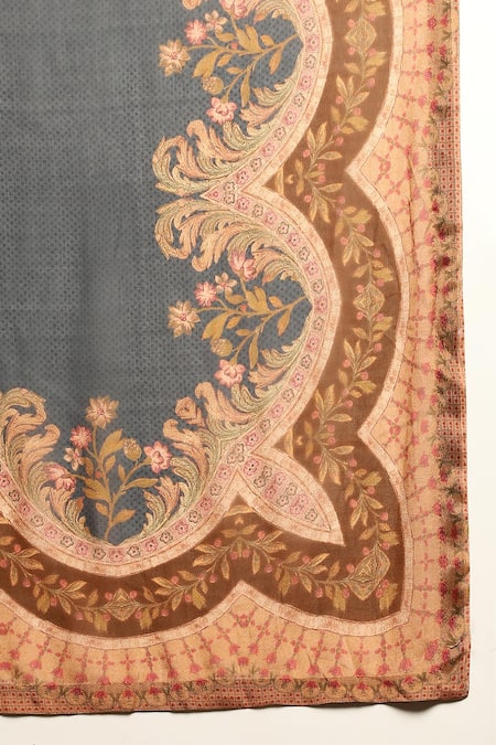 Shop_Ritu Kumar_Beige Silk Embroidery V-neck, Mandarin Collar Printed And Kurta Set _Online_at_Aza_Fashions