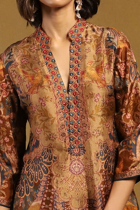 Ritu Kumar_Beige Silk Embroidery V-neck, Mandarin Collar Printed And Kurta Set _at_Aza_Fashions