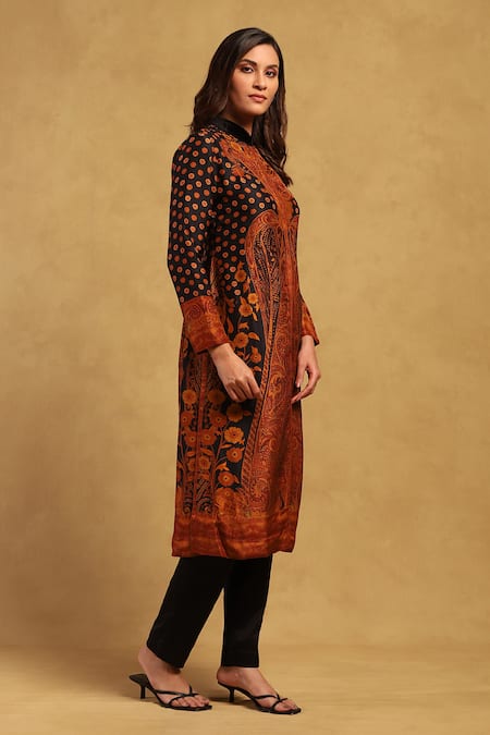 Buy Ritu Kumar Black Dupion, Silk Embroidery Mandarin Collar Kurta And Pant Set Online at Aza Fashions Buy_Ritu Kumar_Black Dupion, Silk Embroidery Mandarin Collar Kurta And Pant Set _Online_at_Aza_Fashions