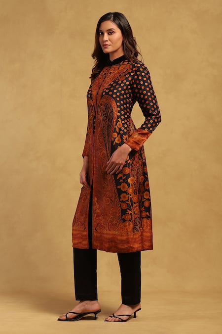 Shop Ritu Kumar Black Dupion, Silk Embroidery Mandarin Collar Kurta And Pant Set Online at Aza Fashions Shop_Ritu Kumar_Black Dupion, Silk Embroidery Mandarin Collar Kurta And Pant Set _Online_at_Aza_Fashions