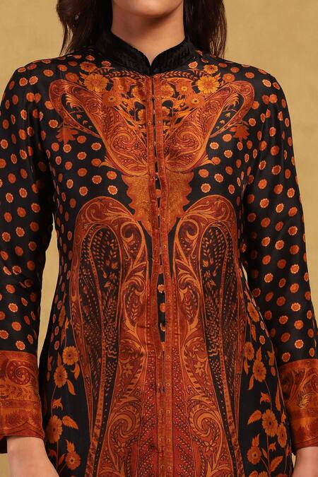 Ritu Kumar Black Dupion, Silk Embroidery Mandarin Collar Kurta And Pant Set at Aza Fashions Ritu Kumar_Black Dupion, Silk Embroidery Mandarin Collar Kurta And Pant Set _at_Aza_Fashions