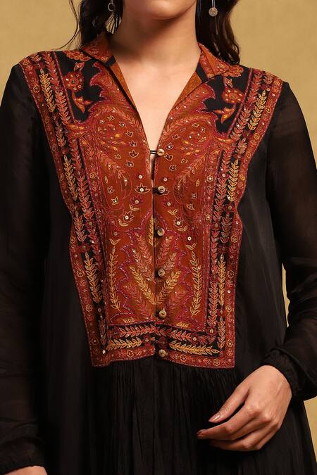 Shop Ritu Kumar Black Viscose, Chinon Embroidery, Sequins V-neck Hand Kurta And Pant Set Online at Aza Fashions Shop_Ritu Kumar_Black Viscose, Chinon Embroidery, Sequins V-neck Hand Kurta And Pant Set _Online_at_Aza_Fashions