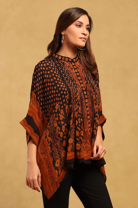 Ritu Kumar Black Chinon, Silk Mandarin Collar, V-neck Floral Print Cape Top Online at Aza Fashions Ritu Kumar_Black Chinon, Silk Mandarin Collar, V-neck Floral Print Cape Top _Online_at_Aza_Fashions