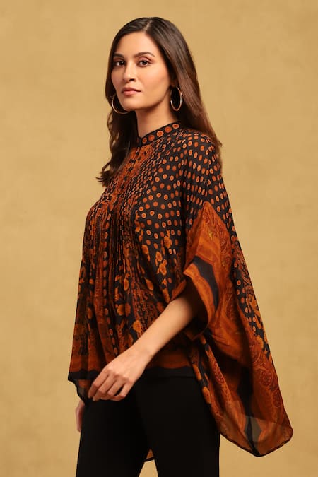 Buy Ritu Kumar Black Chinon, Silk Mandarin Collar, V-neck Floral Print Cape Top Online at Aza Fashions Buy_Ritu Kumar_Black Chinon, Silk Mandarin Collar, V-neck Floral Print Cape Top _Online_at_Aza_Fashions