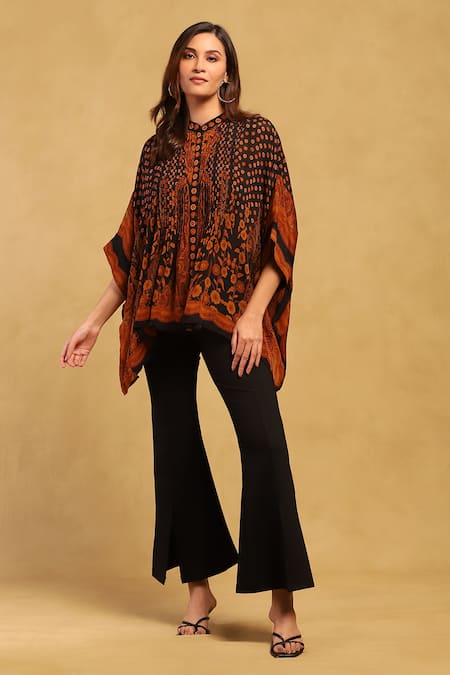 Shop Ritu Kumar Black Chinon, Silk Mandarin Collar, V-neck Floral Print Cape Top Online at Aza Fashions Shop_Ritu Kumar_Black Chinon, Silk Mandarin Collar, V-neck Floral Print Cape Top _Online_at_Aza_Fashions